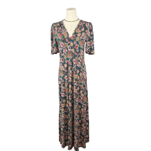 Boden Paisley Midi Dress | Green Pink Boho Print Flowy V-Neck | Boho Size 4R - Picture 2 of 12